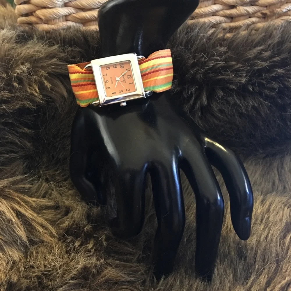 Ladies SWAP stripe fabric D ring band watch